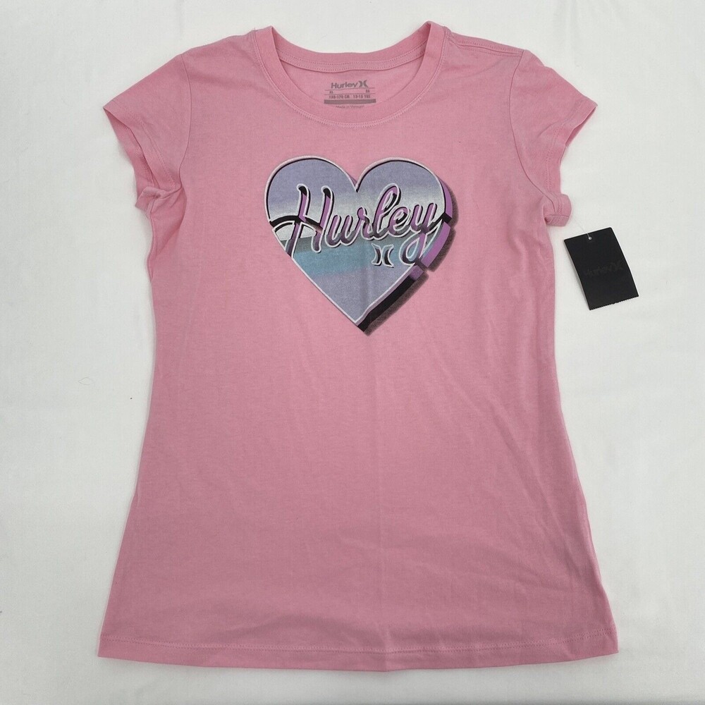 Hurley Girl's Round Neck Short Sleeve Heart T-Shirt Tee Artic Pink Size XL NEW